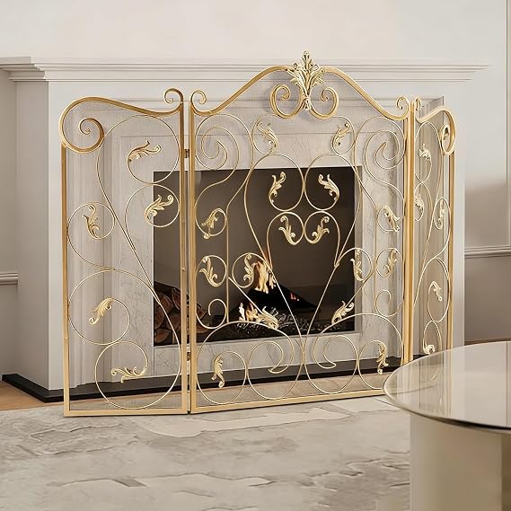 3-Panel Folding Fireplace Screens Stand Alone, Wrought Iron Spark Guard Cover, Metal Mesh Arched Fire Place Screen Protector Fence for Brick Wood