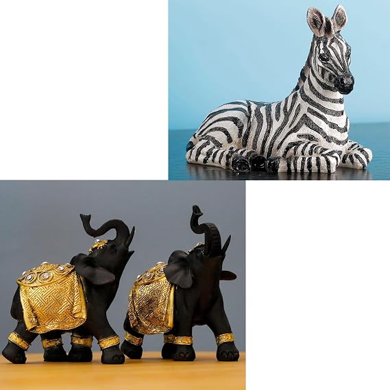 Zebra Table Sculpture - Pair of Black Elephant Statues with Trunk Up