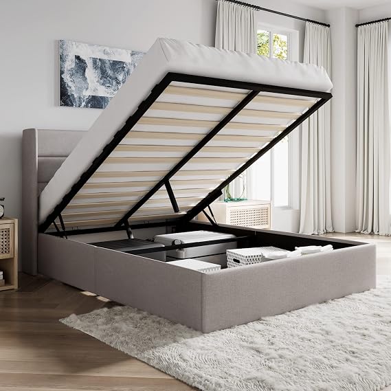 SHA CERLIN Queen Size Lift Up Hydraulic Storage Bed Frame Light Beige