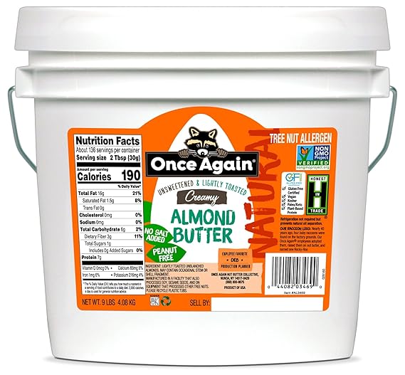 Once Again Creamy Natural Almond Butter No Sugar, Lightly Toasted - 9 Pound Bucket (Same as 9 Jars) of Single Ingredient Nut Butter, No Palm Oil, No Salt - Non-GMO, Gluten Free, Vegan