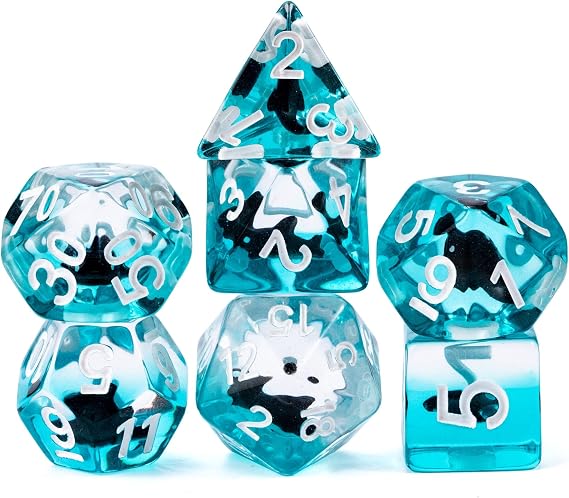 cusdie 7-Die DND Dice, Polyhedral Dice Set Filled with Animal, for Role Playing Game Dungeons and Dragons D&D Dice（Black Shark）