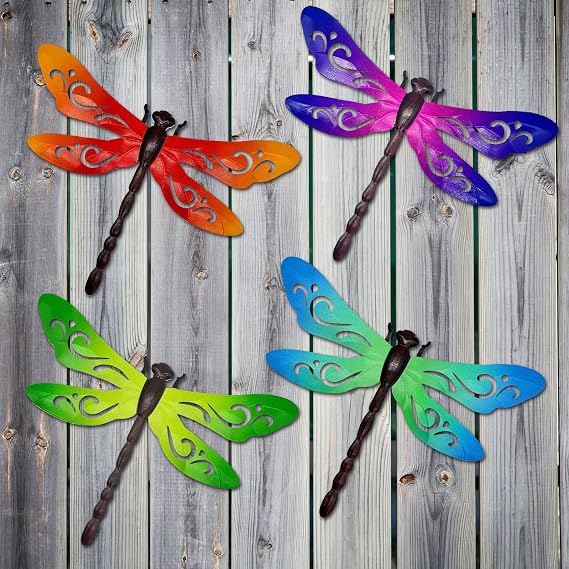 Metal Dragonfly Wall Decor, 4 Pcs Metal Dragonflies Wall Art Hanging Sculptures Decorations for Outdoor Fence Garden Yard Patio Exterior Decor