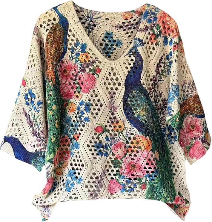 Verdusa Women's Crochet Beach Summer Sweater 3/4 Length Sleeve Boho Tops