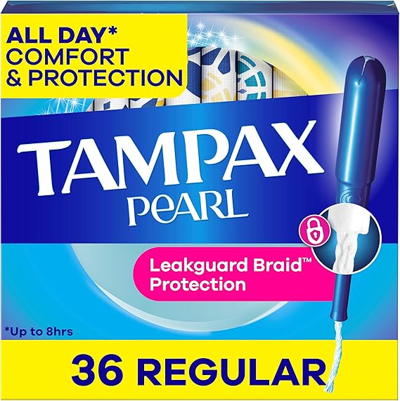 Tampax Pearl Tampons for Women, with LeakGuard Braid, Regular Absorbency, Unscented, 36 Count