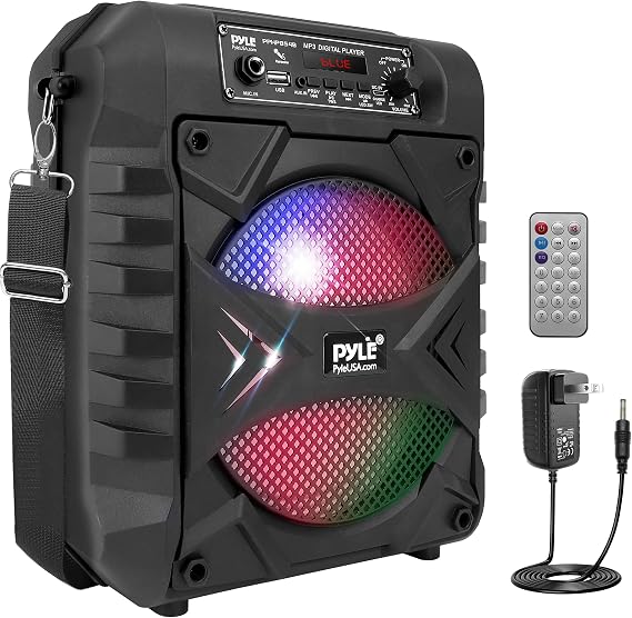 Pyle Portable Bluetooth PA Speaker System, 300W Rechargeable Outdoor Bluetooth Speaker Portable PA System w/ 8 Subwoofer, AUX, Microphone in, Party Lights, MP3/USB, Radio, Remote