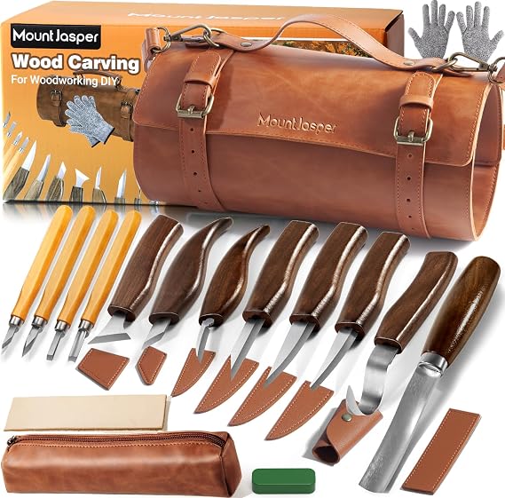 Wood Carving Kit 16-Piece | 8 Whittling Knives & 4 Detail Carving Knives, Walnut Handle High Carbon Steel Blades, with PU Leather Bag & Safety Gloves
