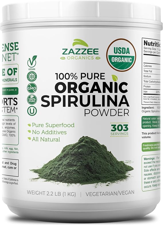 Zazzee USDA Organic Spirulina Powder, 2.2 Pounds (1 KG), 303 Servings