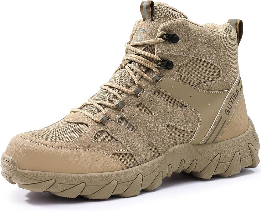 ORISTACO Work Safety Combat Boots for Men, Lightweight Breathable Steel Toe High Top Construction Footwear