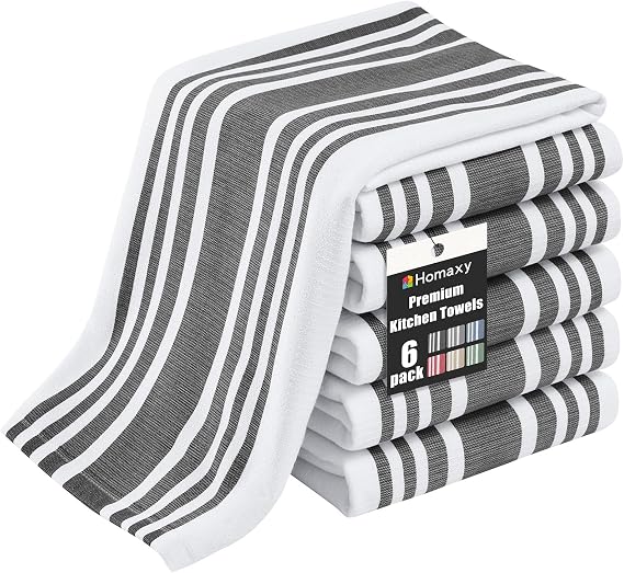 Homaxy Premium Cotton Stripe Kitchen Towels 6 Pack, 18"x 28", Black