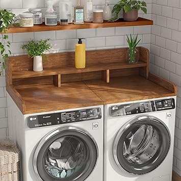 54" X 27.5" Washer and Dryer Countertop, Adjustable Laundry Countertop with Shelf, Extra Dividers, Folding Clothes Station, Over Machine Storage for Detergents & Essentials (Walnut)