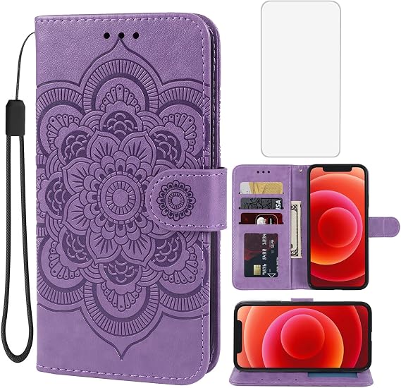 Case for iPhone 12 Mini Case, Apple 12 Mini Wallet Case with Tempered Glass Screen Protector, Mandala Leather Flip Credit Card Holder Stand Phone Cover Case for Apple iPhone 12 Mini Purple