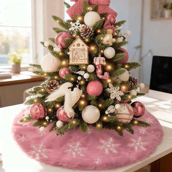 yuboo Mini Pink Christmas Tree Skirt 24 inches, Fluffy Fur Candy Tree Skirt Small for 2-3 Foot Tree Pink Christmas Table Decorations Home Decor