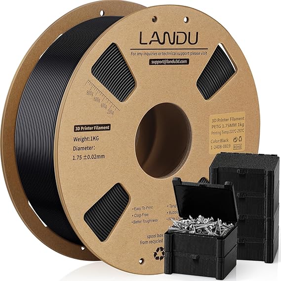 LANDU PETG Filament 1.75mm,3D Printer Filament 1kg Cardboard Spool(2.2lbs),Dimensional Accuracy +/- 0.02mm,Neatly Wound PETG 3D Printing Filament Fits for Most 3D Printers,Black PETG