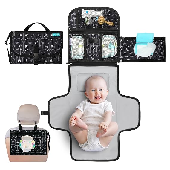 Kopi Baby Portable Diaper Changing Pad, Wipes Pocket, Premium Black Arrows | 22-In Waterproof Pad, Reversible Wipes Pocket, 1 Zipper Pocket, 2 Large Pockets, Extra Inner Pocket, Built-In Pillow, Straps