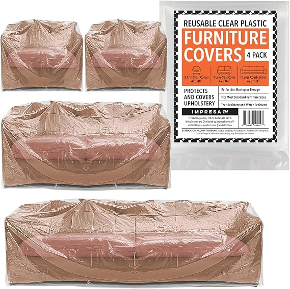 Impresa Plastic Furniture Covers - Pack of 4, 2 Mil, Clear Tear-Resistant Design & Moving Supplies - Dust & Moisture Barrier & Furniture Covers for Storage
