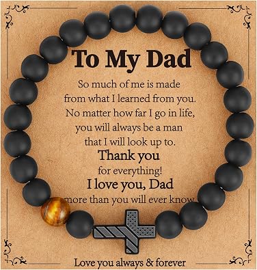 Gnamy Fathers Day Gift- Bracelet for Dad New Dad Stepdad Husband Grandpa, American Flag Cross Beads Bracelet Birthday Jewelry Gifts for Men