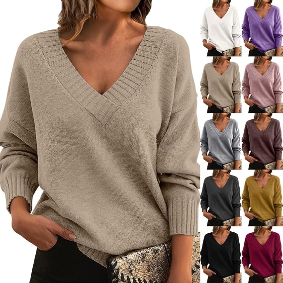 Fall Sweaters for Women Sexy V Neck Knit Tops Drop Shoulder Long Sleeve Pullover Tops Loose Comfy Oversized Sweaters Lightweight Warm Jumper Tops Trendy Claassic Tunic Sweaters Winter Clothes A-White