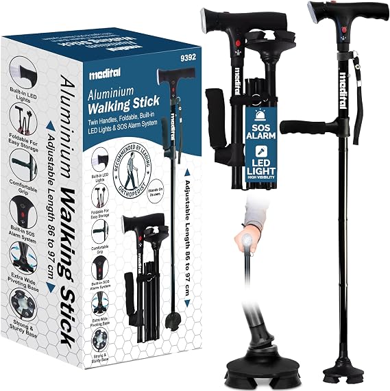 MEDITAL Folding Walking Stick with SOS Alarm & LED Light - 86-97cm Adjustable Aluminum Foldable Walking Stick for Men & Women - Stable Walking Cane Non-Slip Base Supports up to 113kg