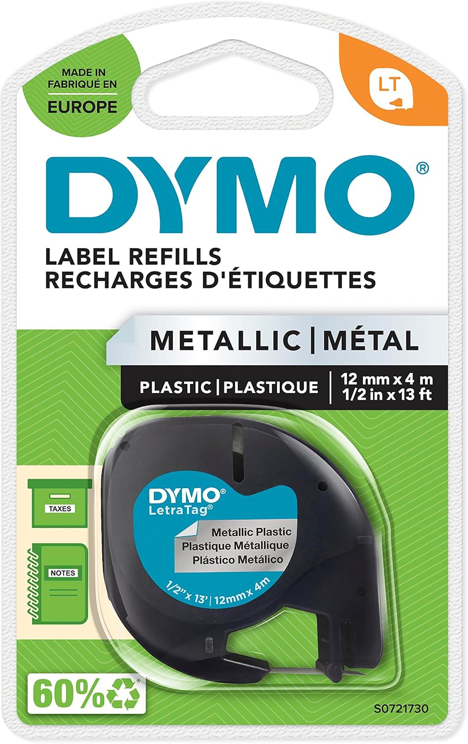 Dymo S0721730, LetraTag Metallic Strip 12 mm x 4 mt, Grey 59429