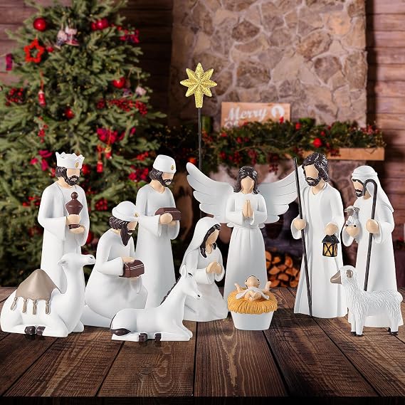 Elegant Nativity Set for Tabletop Decorations, 12 Pieces, 6.5 Inch Resin Nativity Scene Set Holy Family Statue (White)