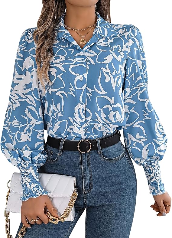 Xixiuly Women's Elegant Floral Print Lantern Sleeve Lapel Collared Long Sleeve Button Down Blouse Tops Casual Office Shirts