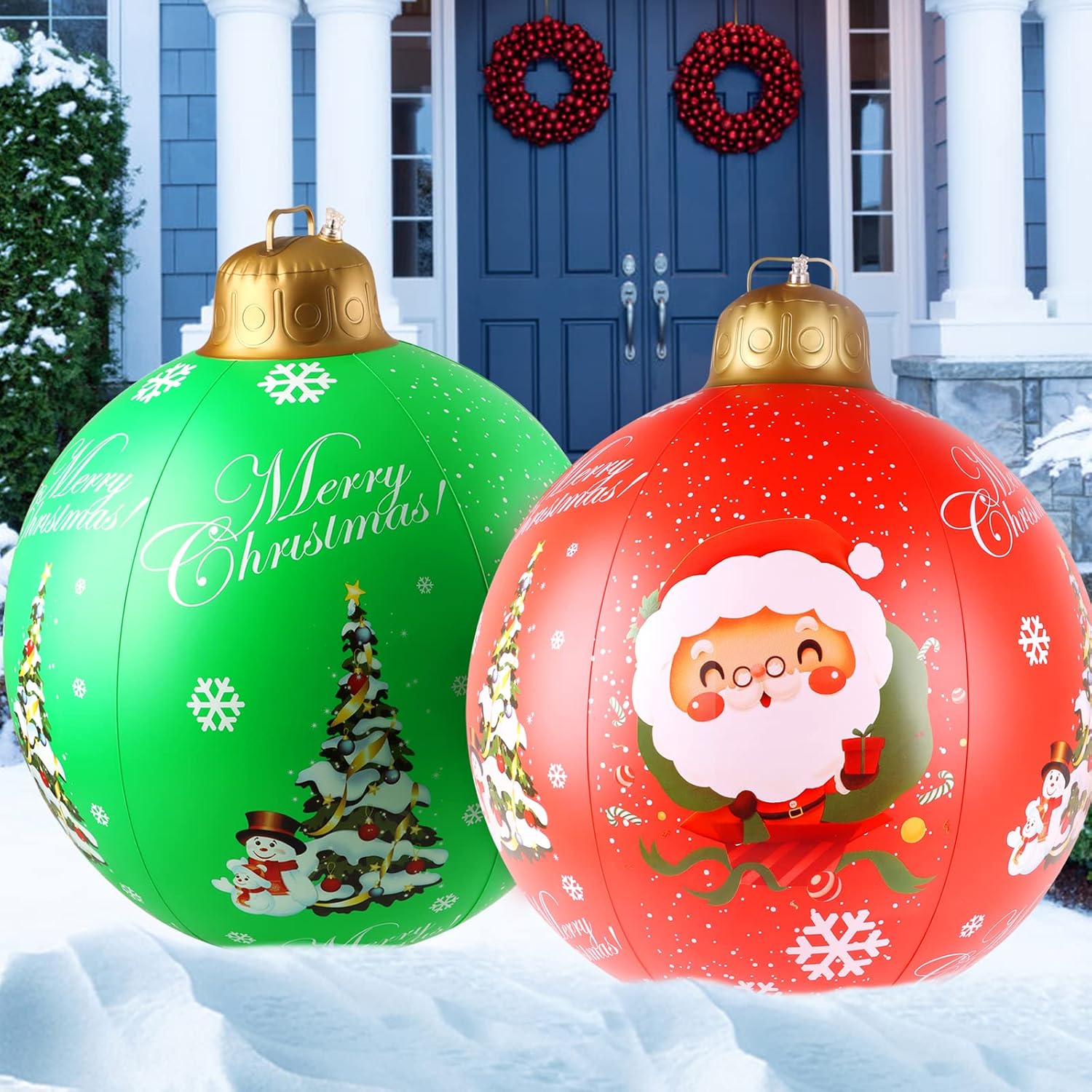 2 Pcs Inflatable Christmas Ball - 24 Inch Christmas Decorated Ball Ornaments PVC Giant Indoor Outdoor Xmas Ball for Holiday Yard Lawn Porch Pool Tree Decoration, Red and Green