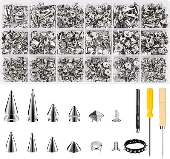 Craluuur 455 Piece Studs and Spikes Kit for Clothing, Punk Metal Stud Kit | Zinc alloy set in 12 sizes with cone spikes, pyramid studs, dome studs, screws, punch, awl, screwdriver and storage box