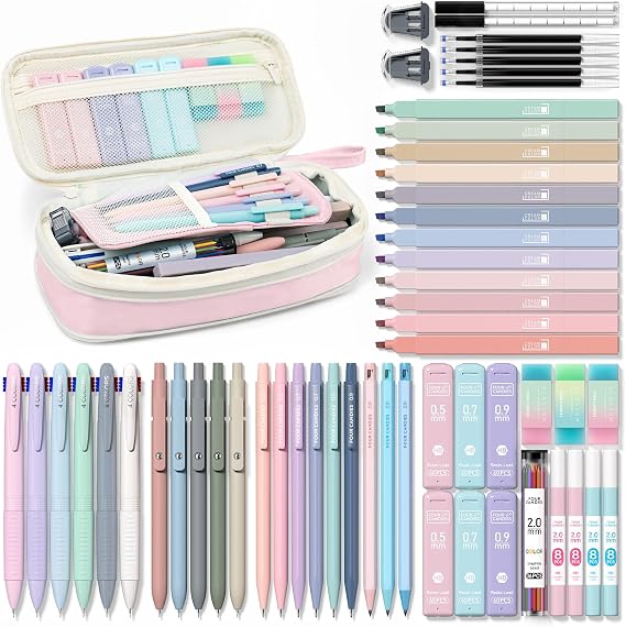Four Candies 56 PCS Aesthetic School Supplies with Cute Pencil Case (Pink) | 6 Multicolor Pen, 12 Pastel Highlighters, 5 Gel Pens Black Ink, 9 Mechanical Pencils for Student Stationary Set Preppy Stuff