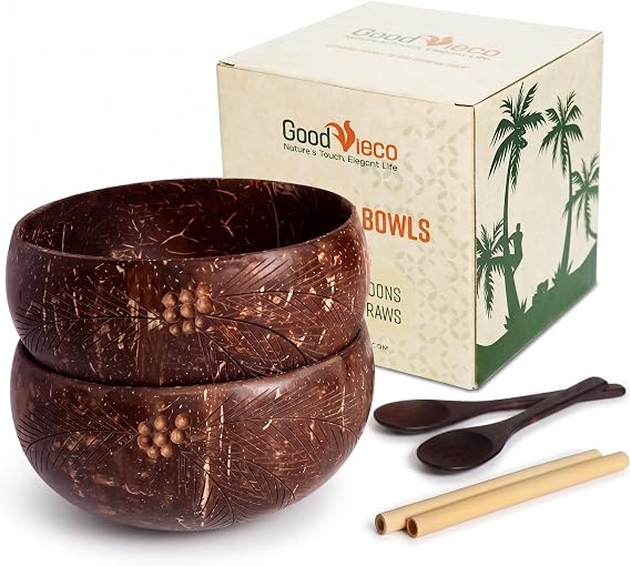 Coconut Bowl Set (2, Leaf) Natural Coconut Shell Bowls with Bamboo Straws & Wooden Spoons Eco Friendly Gifts for Vegan, Smoothie, Acai, Buddha, Yogurt & Sustainable Meals