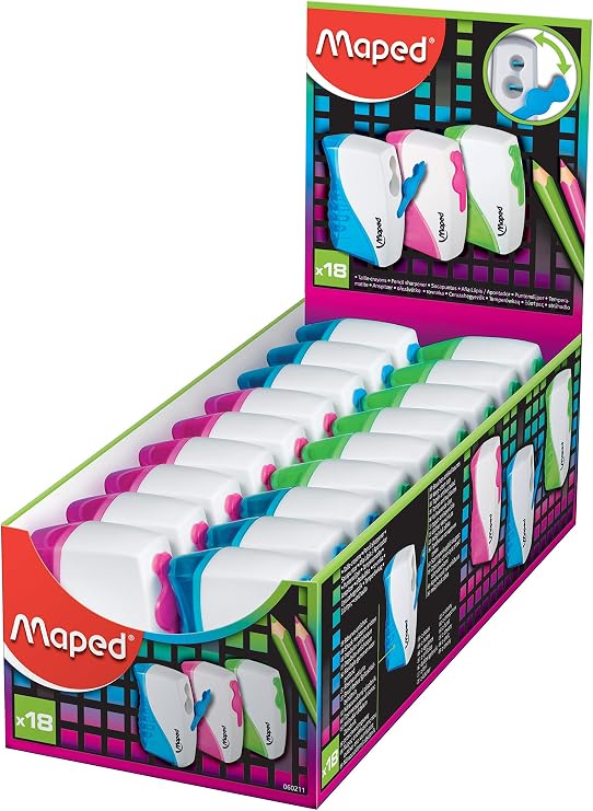 Maped Vertical 2-Hole Locking Pencil Sharpener - for All Pencil Sizes - Removable Cover - Quick Sharpening - High-Quality Steel Blade - Pack of 18