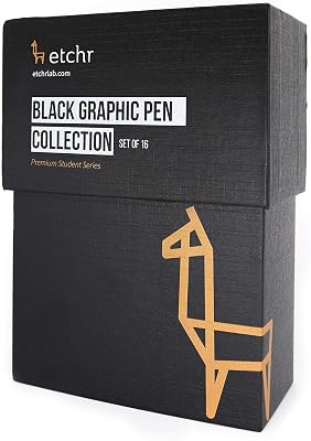ETCHR Black Graphic Pen Set of 16 - Waterproof and Fadeproof Japaense Pigment - Black Graphic Pen Collection