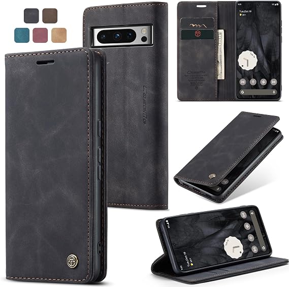 Mobile Phone Case for Google Pixel 8 Pro Case Premium Leather Case Soft Vintage Nubuck Leather Foldable Stand Protective Case Card Slot Stand Function Shockproof Flip Case Pixel 8 Pro - Black
