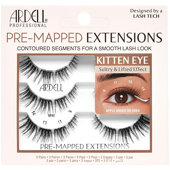 Ardell Pre-Mapped Eyelash Extensions - False Lashes Kitten Eye, Reusable Segmented Lash Strips, Natural-Looking Lash Extensions, 3 Pack