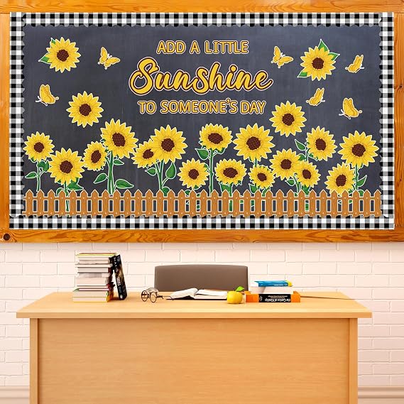 Sunflower Bulletin Board Decoration Spring Summer Cutout Set with Butterflies Fences Bulletin Cardboard Motivational Sayings Cutouts for Classroom Window Wall Door Home Office Nursery School Decor