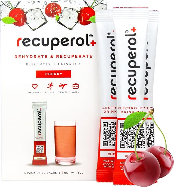 Recuperol Electrolytes Sachets - Rehydration Electrolytes Powder with Zinc, Vitamin C, B12, D3 & Potassium for Hydration - Sugar Free, Vegan & Low Calorie - Cherry 6 Pack