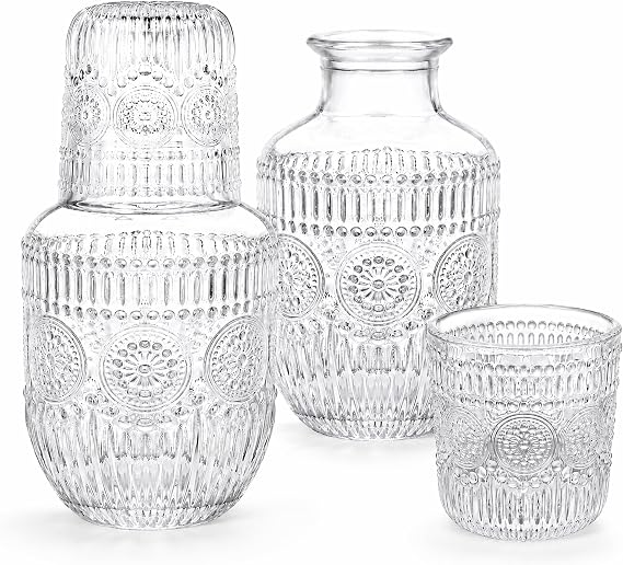 Kingrol 2 Vintage Bedside Water Carafe Sets with Glass Cups, 18 oz