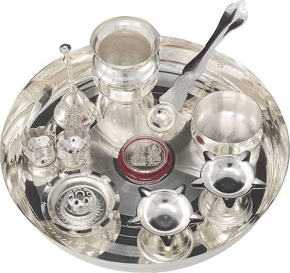 BENGALEN Pooja thali Set Silver Plated with 8 Inch Plate Bowl Agarbatti Stand Palli Kalash Diya Kumkum Holder Coin Puja Thali for Home Mandir Office Wedding Return Diwali Gift Items