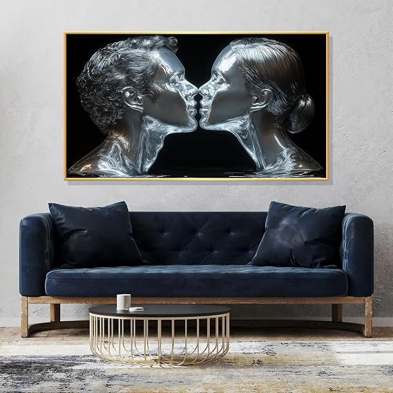Glethua Couples Canvas Wall Decor, Kissing Couple Picture Wall Art, Silver Modern Abstract Man and Woman Painting Art, Romantic Love Bedroom Home Decor (Gold Framed, 30"x17"/76x43cm)