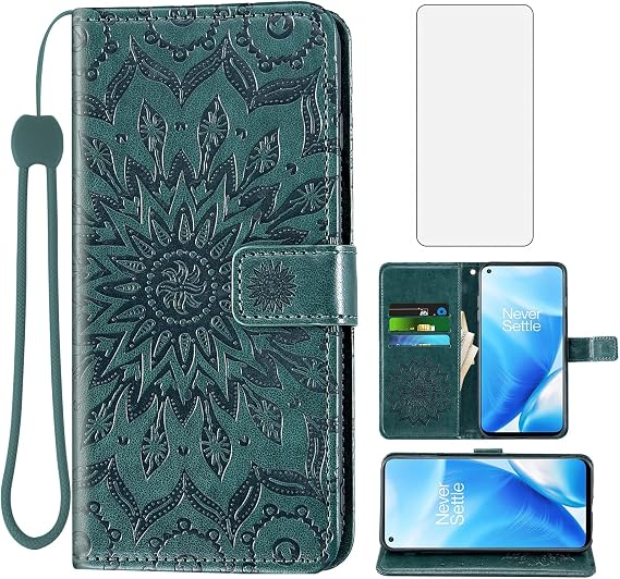 Phone Case for Oneplus Nord N200 5G Wallet with Tempered Glass Screen Protector and Leather Slim Flip Cover Card Holder Stand Cell Accessories One Plus N 200 1plus One+ 1+ N2005G Women Men Dark Green