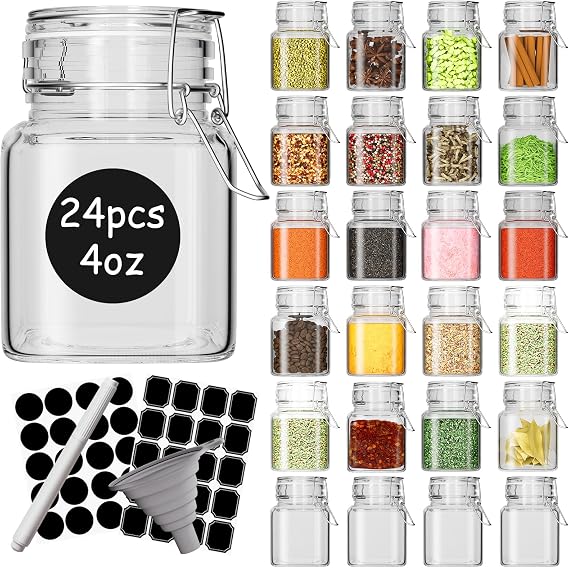 DHSBTLS 24 Pack 120ml Mini Square Spice Jars with Airtight Hinged Lid | 4oz Leak Proof Storage Container for Spices, Honey, Food Bottles with Silicone Funnel and 40 Labels &Chalkboard Pen