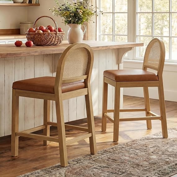 Upholstered Wooden Rattan Bar Stools Set of 2, Island Chairs (Brown)