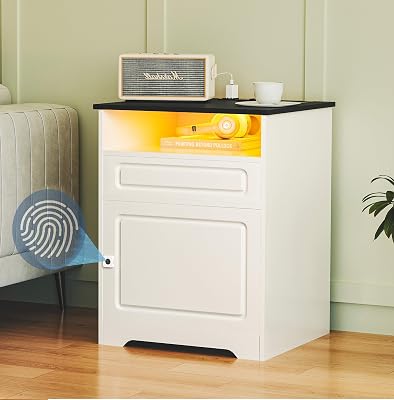 Night Stand with Charging Station,Fingerprint Lock Bedside Table with Drawers,Farmhouse End Table and Nightstand,Small Side Table for Bedroom,Living Room White-with Fingerprint Lock, 1-Pcs