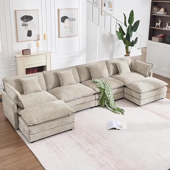 GNIXUU 146.5" Camel Modular Cloud Sectional Couches for Living Room | Oversized Comfort, Large U Shaped Modular Sofa Set, Deep Seat, 4 Seater Sofa & 2 Movable Ottoman, 6 Seater, Chenille Fabric