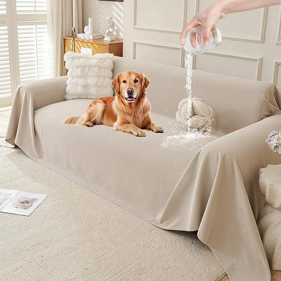 Waterproof Sofa Throw, Pet-Resistant Couch Blanket, Machine Washable Sofa Cover for 4 Seater L-Shaped Corner Sofa, Bed & Chair Protector, Cat Scratch Proof All-Season Bed Throw, C1 Khaki 180x380