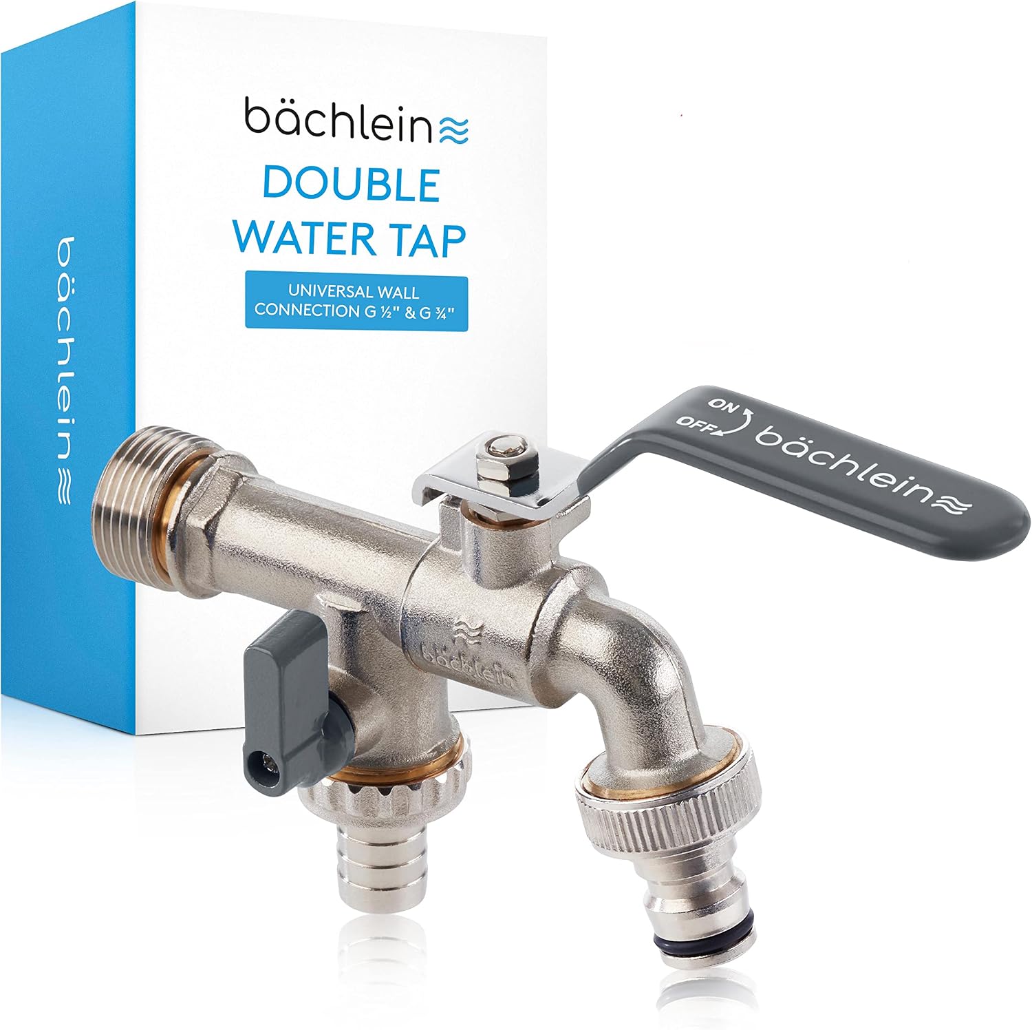 Bächlein Universal Double Outlet Tap for The Garden [Anthracite] incl. 2 Hose Connections - Noble Double Water Tap with 12 and 34 Inch Connection, Double Ball Outlet Valve