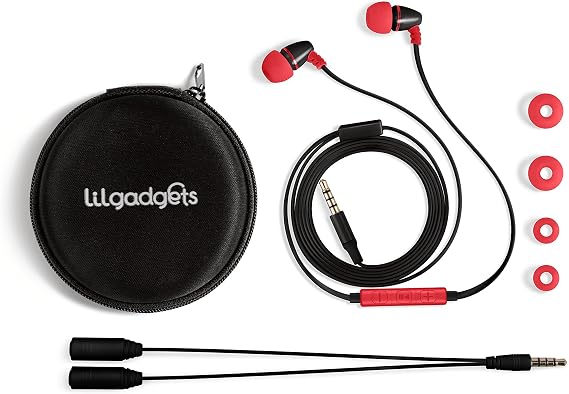 LilGadgets BestBuds Ear Buds for Kids for School - Safe & Comfortable, Volume Limited, Wired Earbuds for Kids with an in-Line Microphone, Travel Case, and Splitter - Red/Black