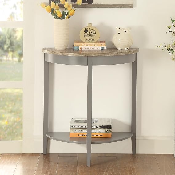 26" Half Moon Console Table, 2-Tier Small Entryway Table, Transitional Semi Circle Sofa Table for Hallway, Living Room, Foyer, Natural Oak & Gray