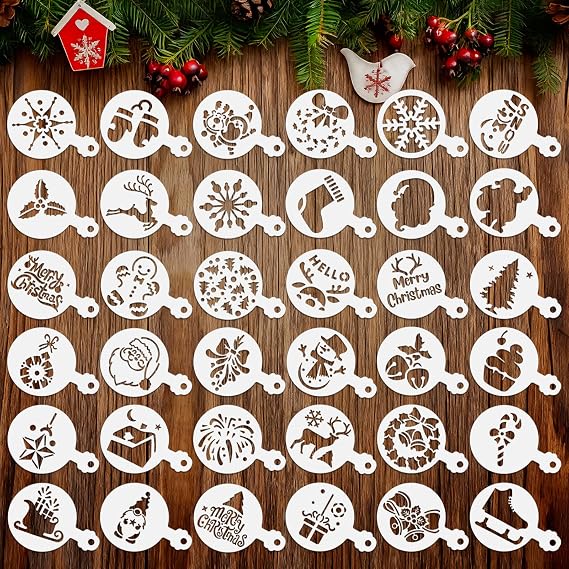 36 Pcs Holiday Cookie Stencils, Reusable Christmas Tree & Snowflake Stencil Templates for Baking, Cake Decorating, Coffee Latte Art, DIY Holiday Crafts (Christmas)