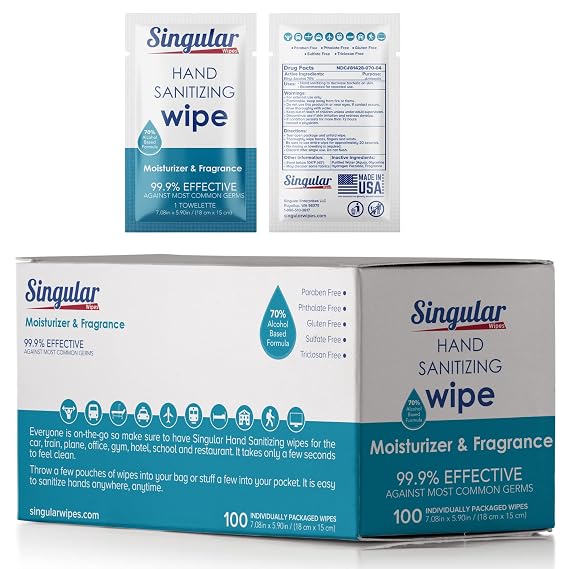 Hand Sanitizing Wipes Travel Size by Singular Wipes 100ct Individually Wrapped | Fresh Citrus Scent, Moisturizing, 70% Alcohol Wipes | Travel, Office, School, Home