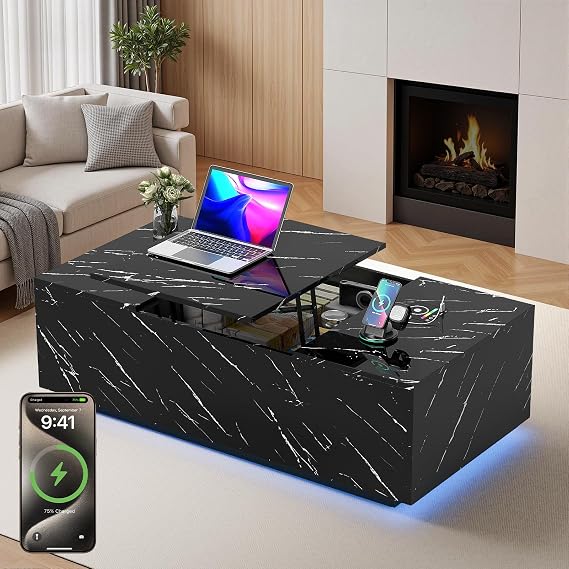 LED Coffee Table, 47.2" Lift Top Coffee Tables with Drawers and Large Storage, Smart Living Room Table with Wireless Charging & Bluetooth Speaker, Dining Center Tables with Storage (Black)